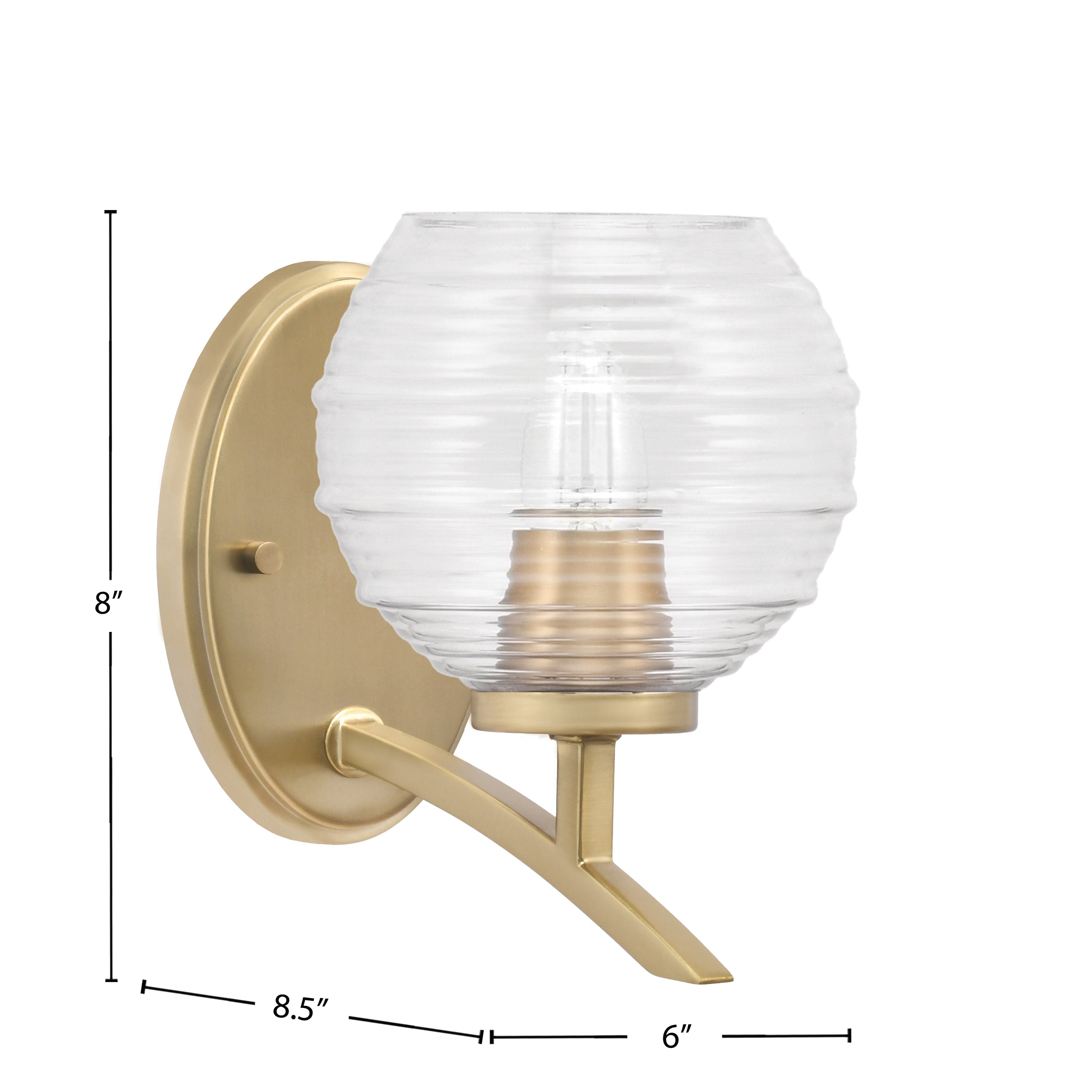 Kurve One Light Wall Sconce in New Age Brass with 6" Clear Ribbed Shade