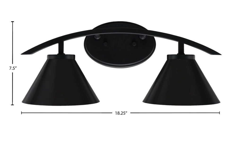 Kurve Two Light Bath Bar in Matte Black with 7" Matte Black Cone Metal Shade Shade