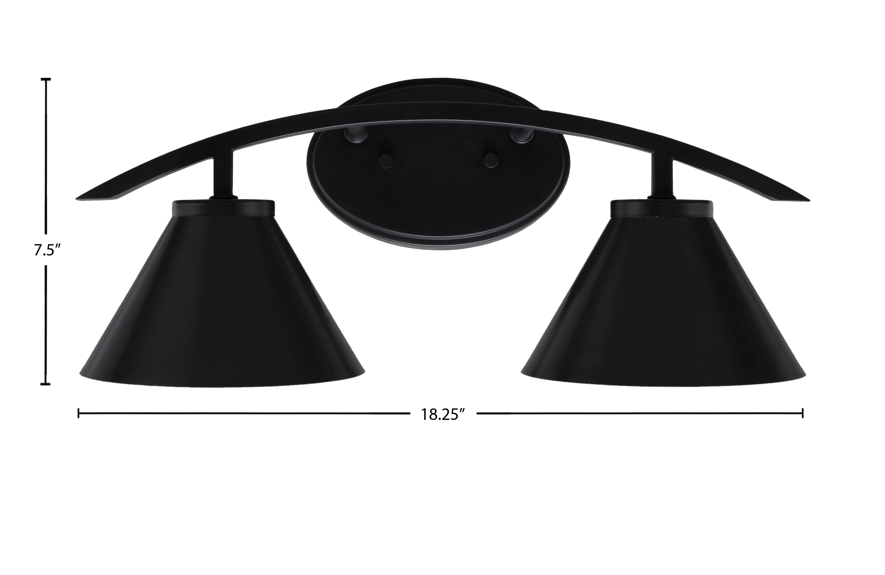 Kurve Two Light Bath Bar in Matte Black with 7" Matte Black Cone Metal Shade Shade