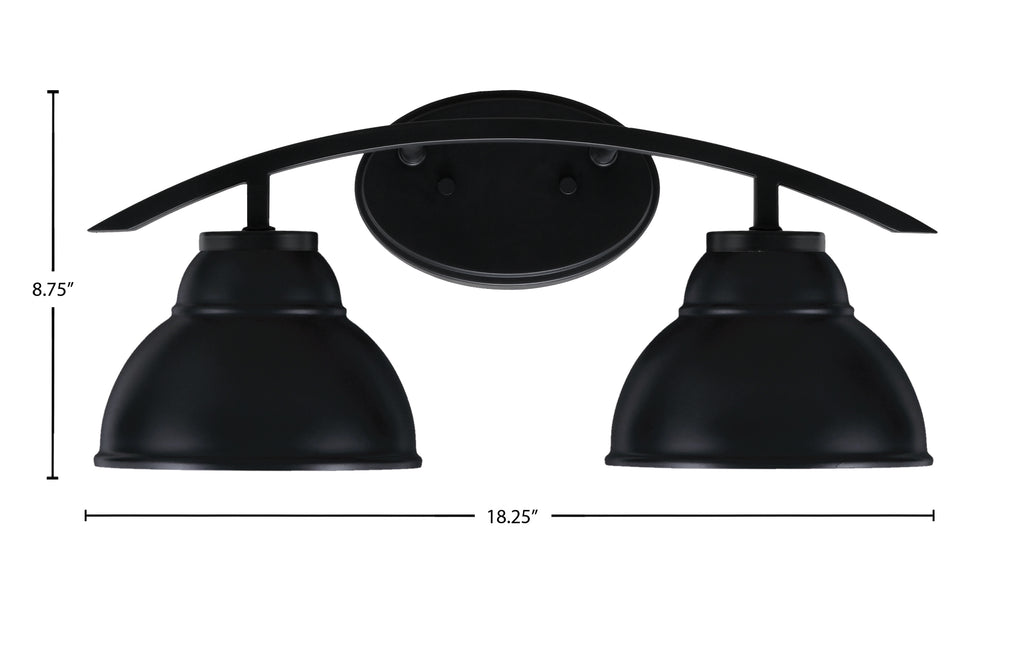 Kurve Two Light Bath Bar in Matte Black with 7" Matte Black Double Bubble Metal Shade Shade