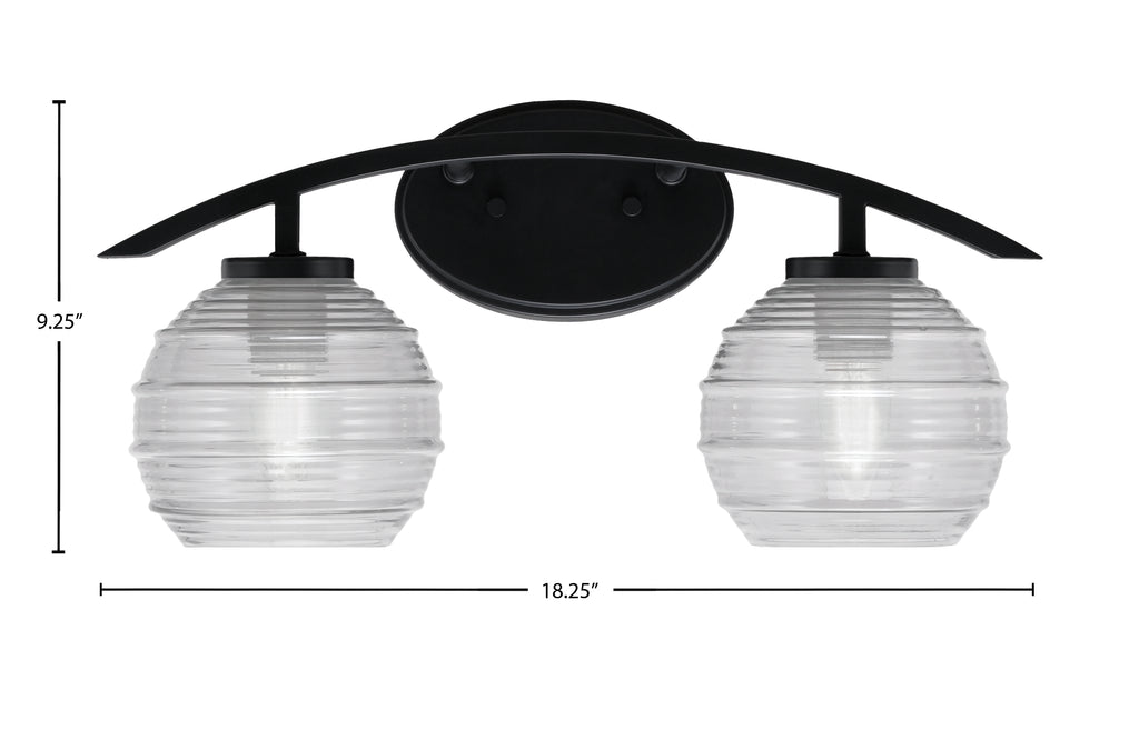 Kurve Two Light Bath Bar in Matte Black with 6" Clear Ribbed Shade