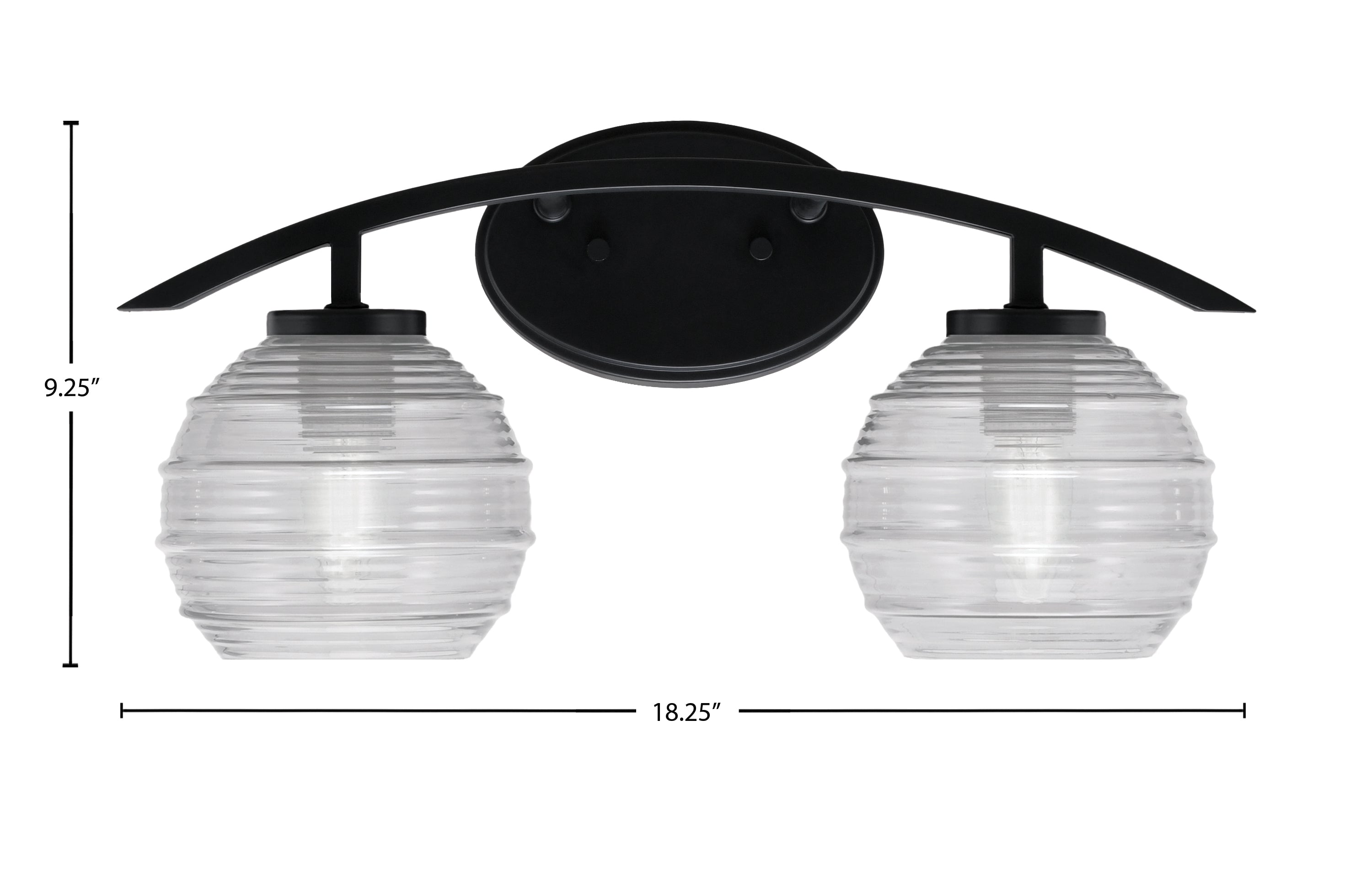Kurve Two Light Bath Bar in Matte Black with 6" Clear Ribbed Shade