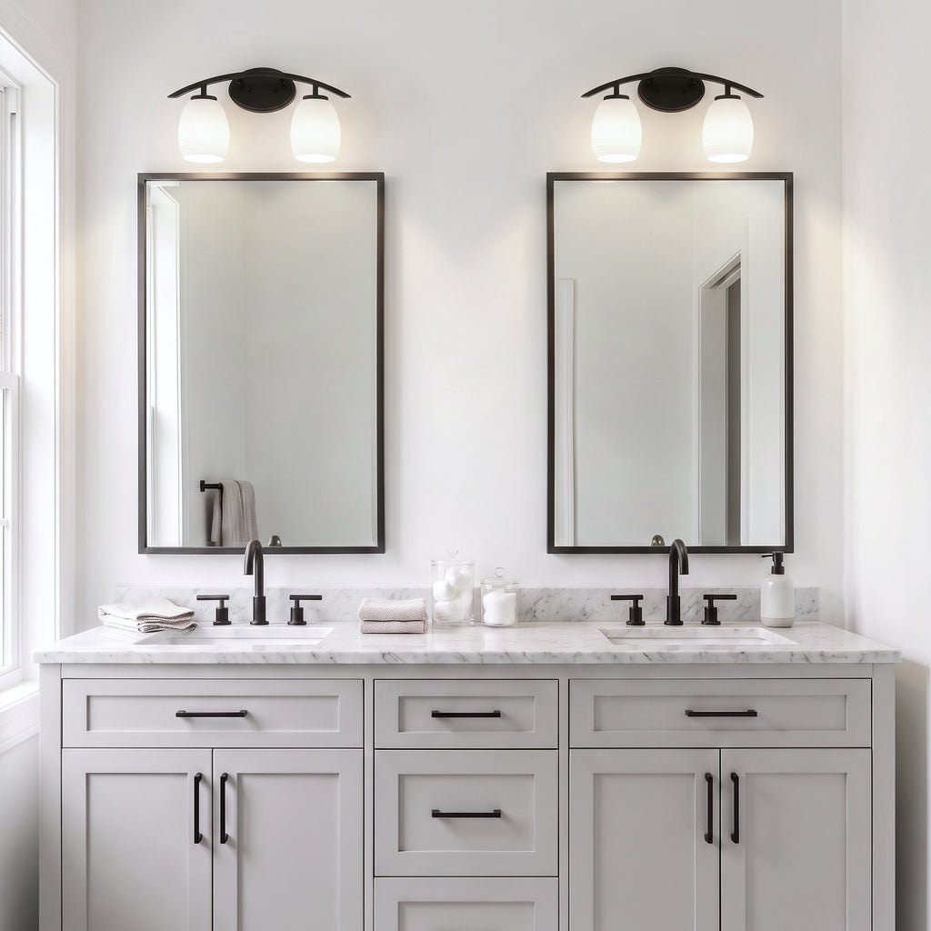 Kurve Two Light Bath Bar in Matte Black with 5" White Linen Shade