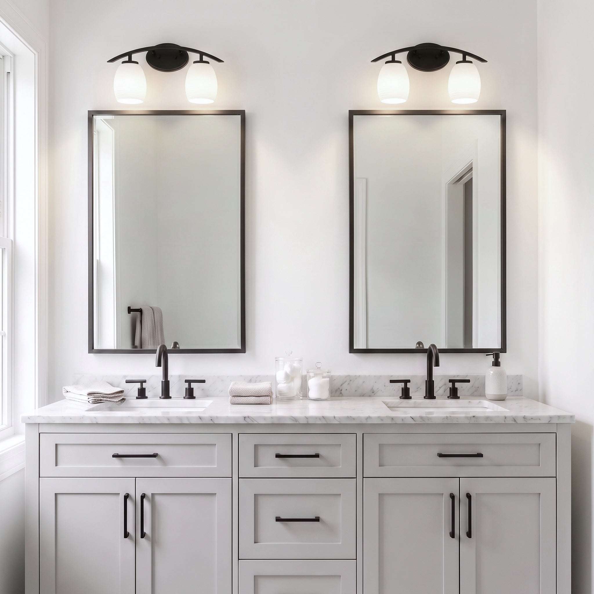Kurve Two Light Bath Bar in Matte Black with 5" White Linen Shade