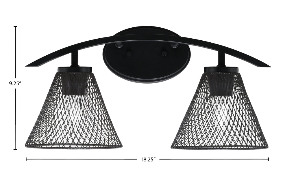 Kurve Two Light Bath Bar in Matte Black with 7" Matte Black Cone Mesh Metal Shade Shade
