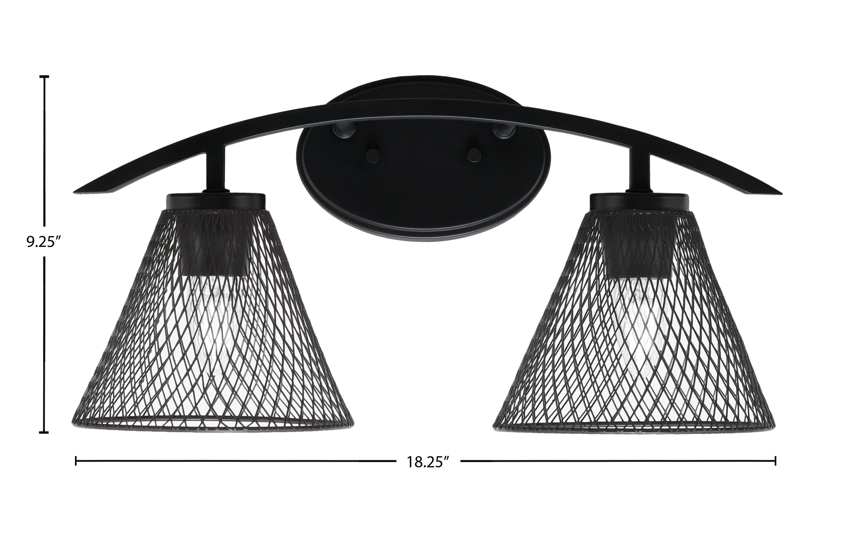 Kurve Two Light Bath Bar in Matte Black with 7" Matte Black Cone Mesh Metal Shade Shade