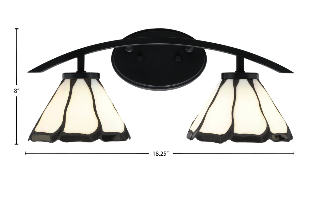 Kurve Two Light Bath Bar in Matte Black with 7" Pearl & Black Flair Art Glass Shade