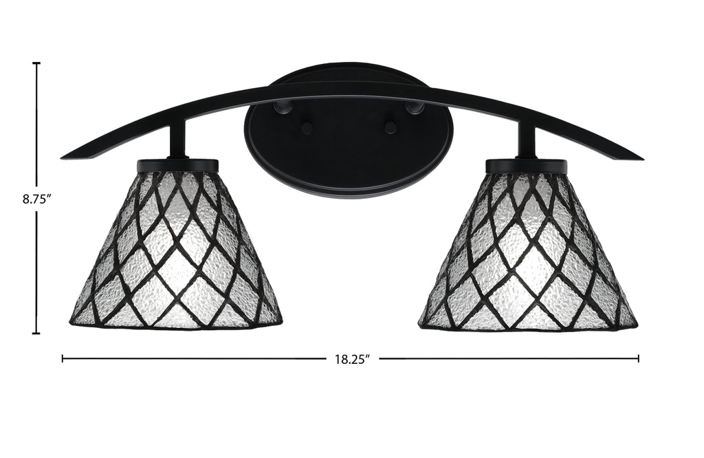 Kurve Two Light Bath Bar in Matte Black with 7" Diamond Ice Art Glass Shade