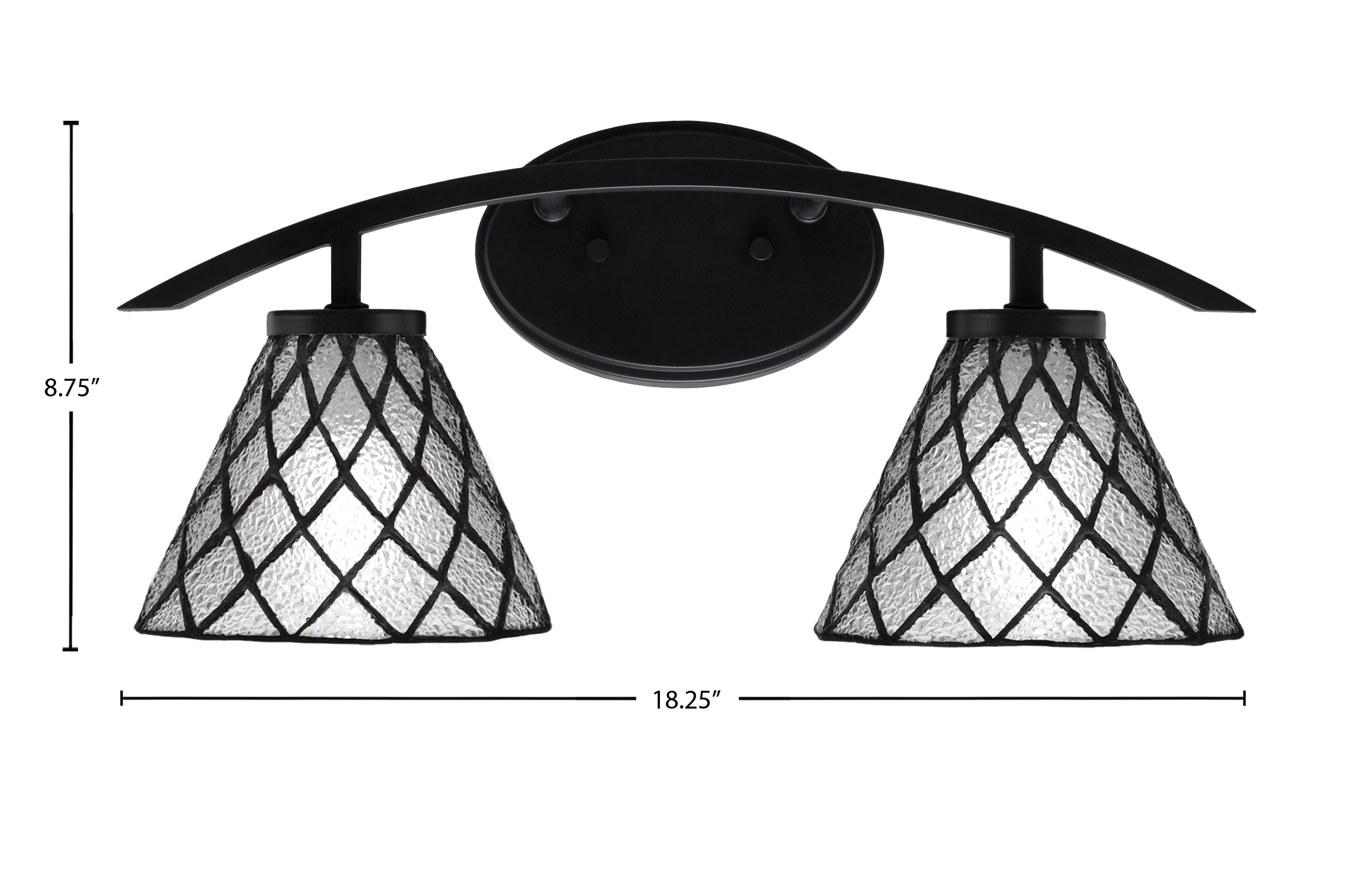 Kurve Two Light Bath Bar in Matte Black with 7" Diamond Ice Art Glass Shade