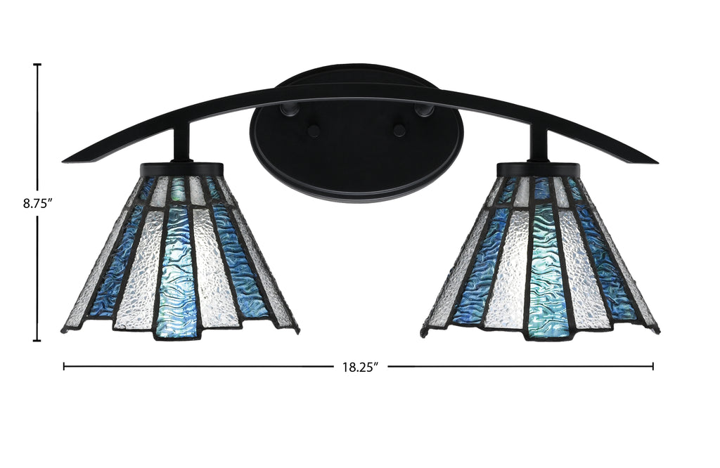 Kurve Two Light Bath Bar in Matte Black with 7" Sea Ice Art Glass Shade