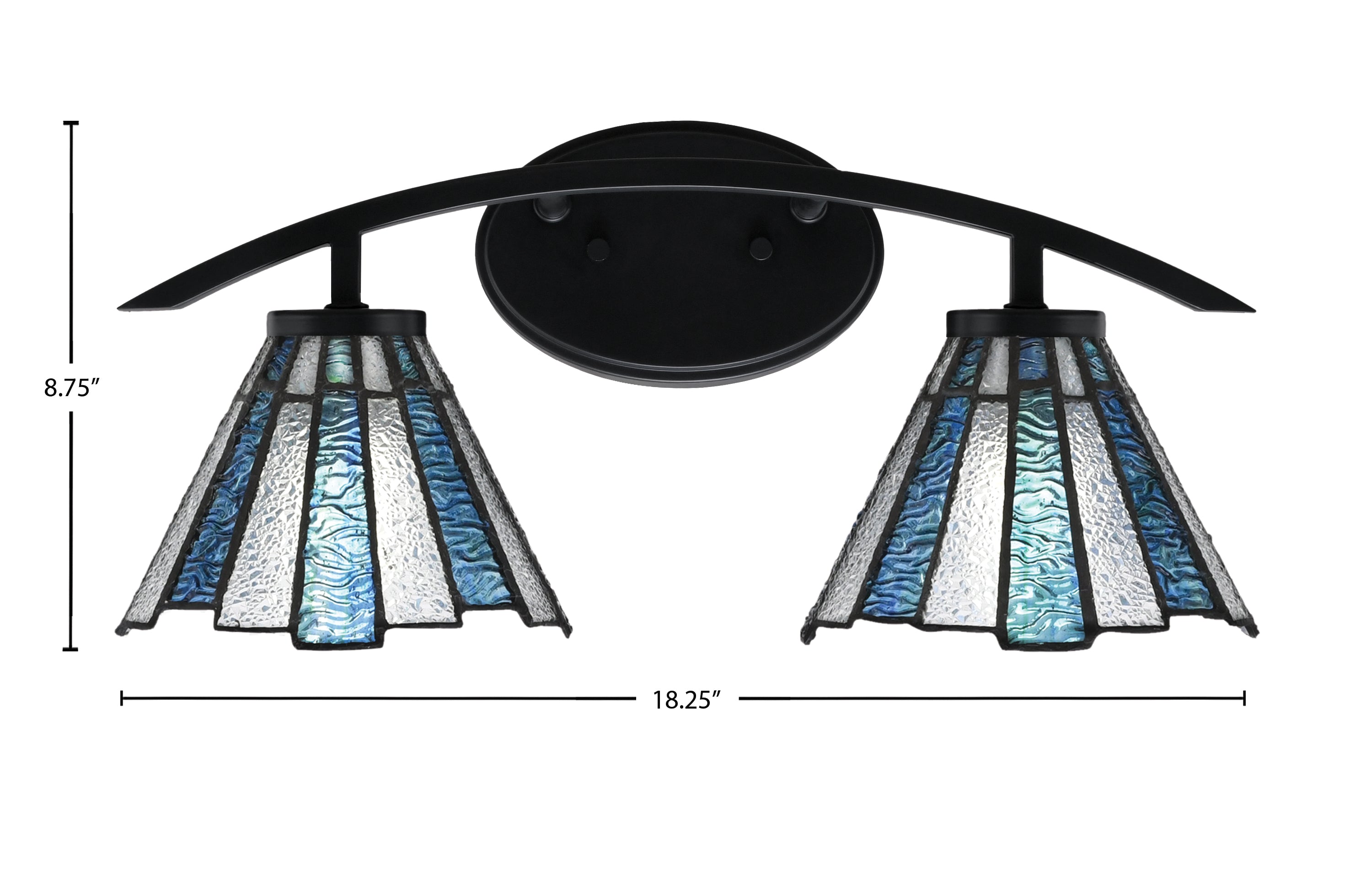 Kurve Two Light Bath Bar in Matte Black with 7" Sea Ice Art Glass Shade