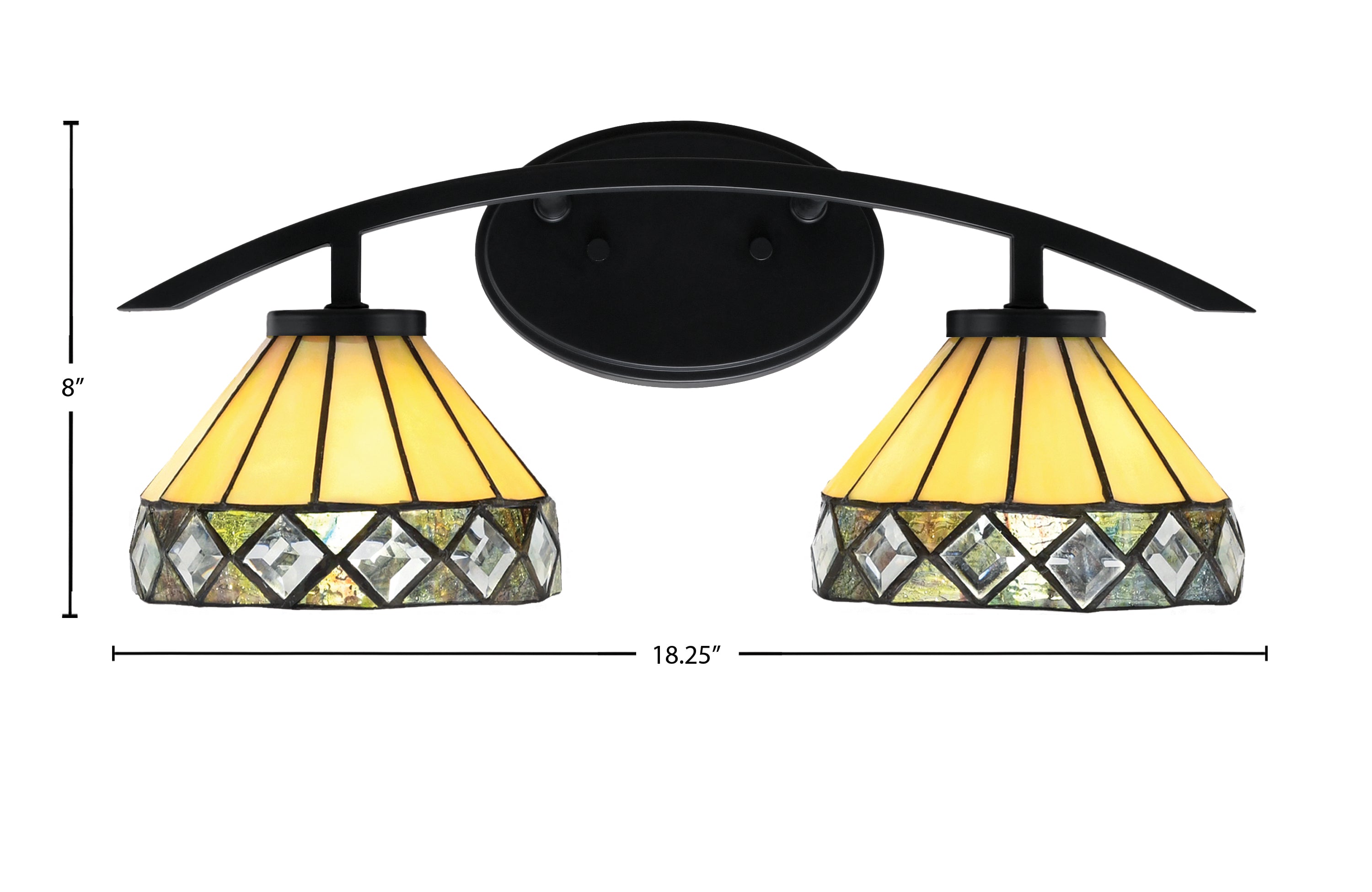 Kurve Two Light Bath Bar in Matte Black with 7" Diamond Peak Art Glass Shade