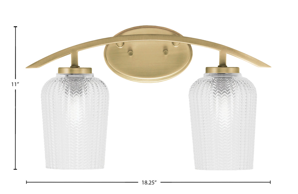 Kurve Two Light Bath Bar in New Age Brass with Clear Textured Shade