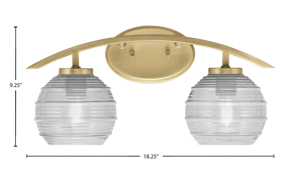 Kurve Two Light Bath Bar in New Age Brass with Clear Ribbed Shade