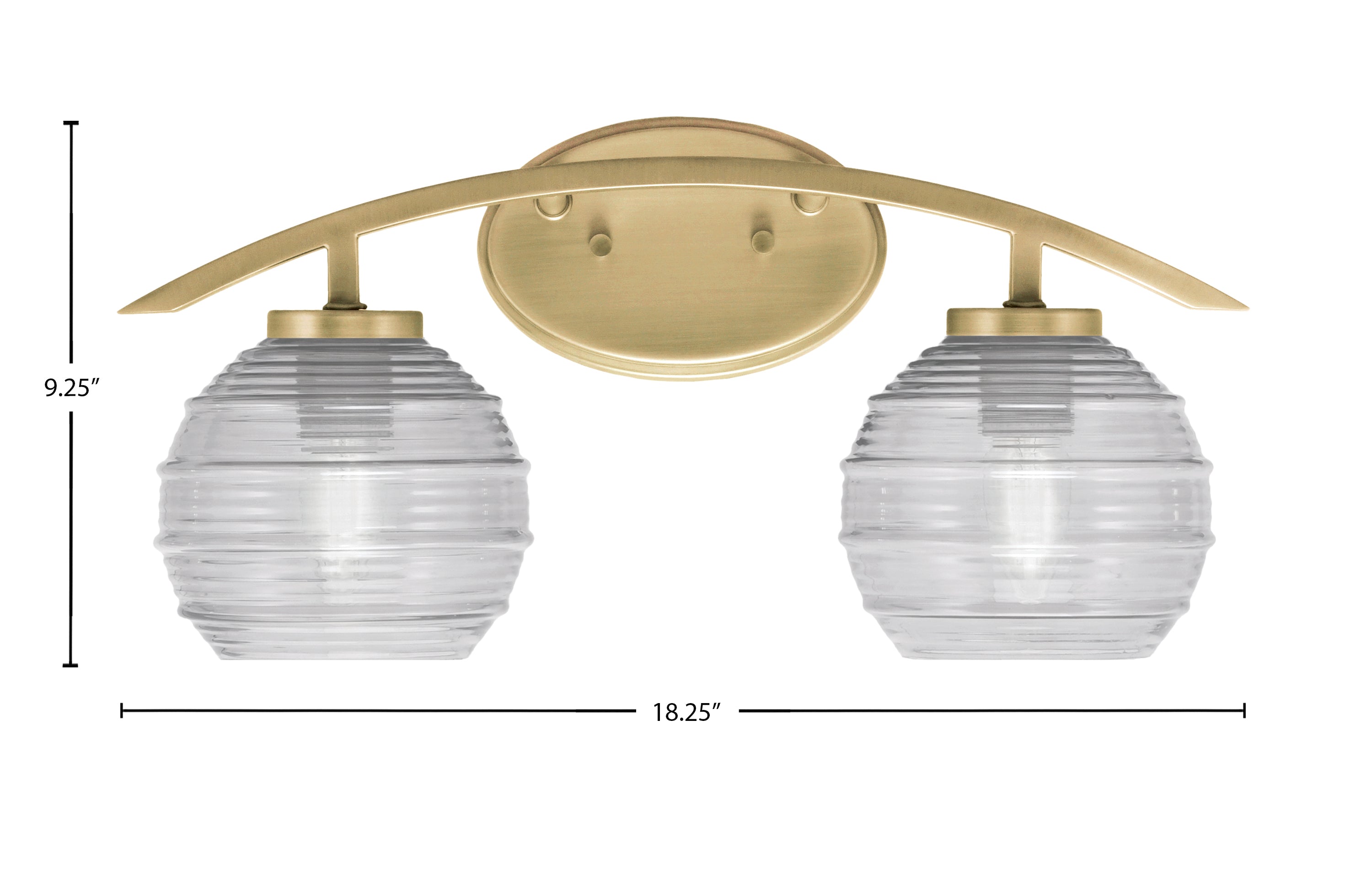 Kurve Two Light Bath Bar in New Age Brass with Clear Ribbed Shade