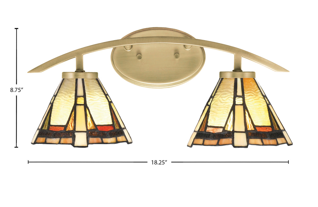 Kurve Two Light Bath Bar in New Age Brass with Zion Art Glass Shade