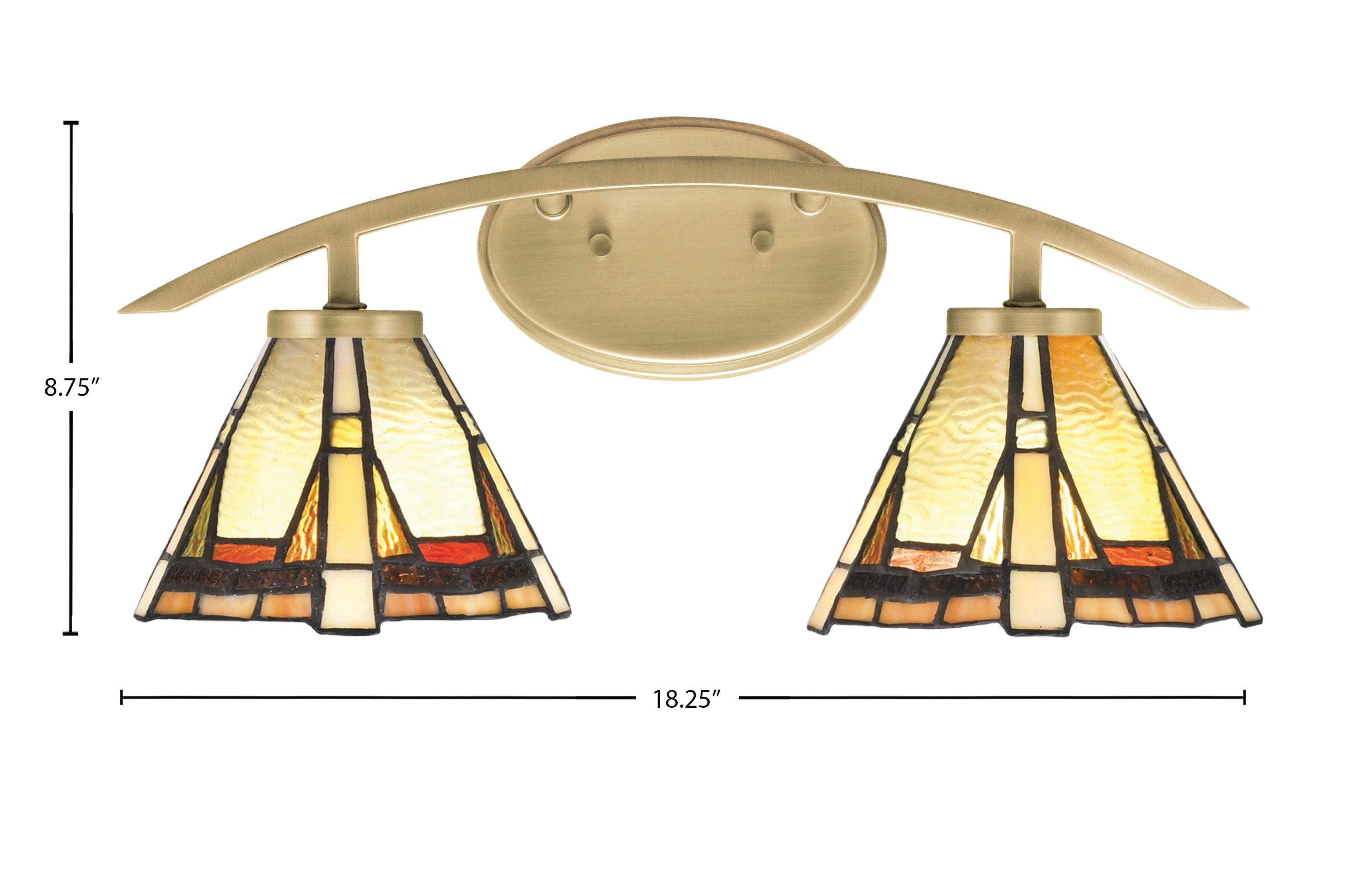 Kurve Two Light Bath Bar in New Age Brass with Zion Art Glass Shade