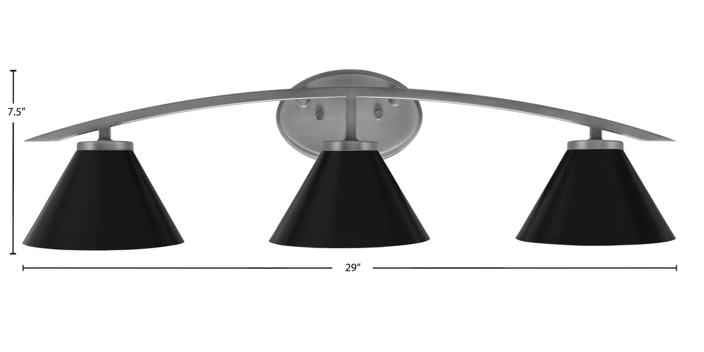 Kurve Three Light Bath Bar in Graphite with 7" Matte Black Cone Metal Shade Shade