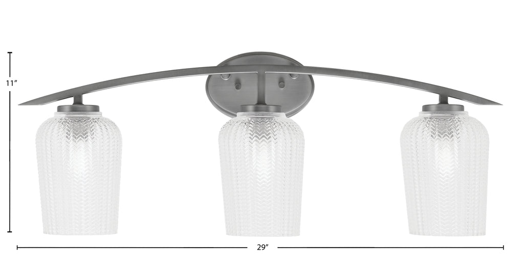Kurve Three Light Bath Bar in Graphite with 5" Clear Textured Shade