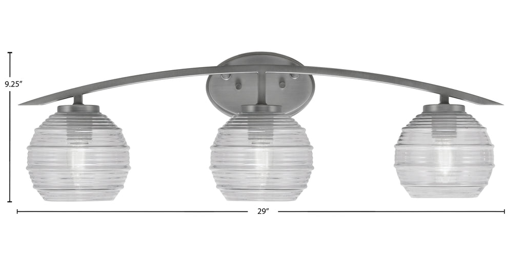 Kurve Three Light Bath Bar in Graphite with 6" Clear Ribbed Shade