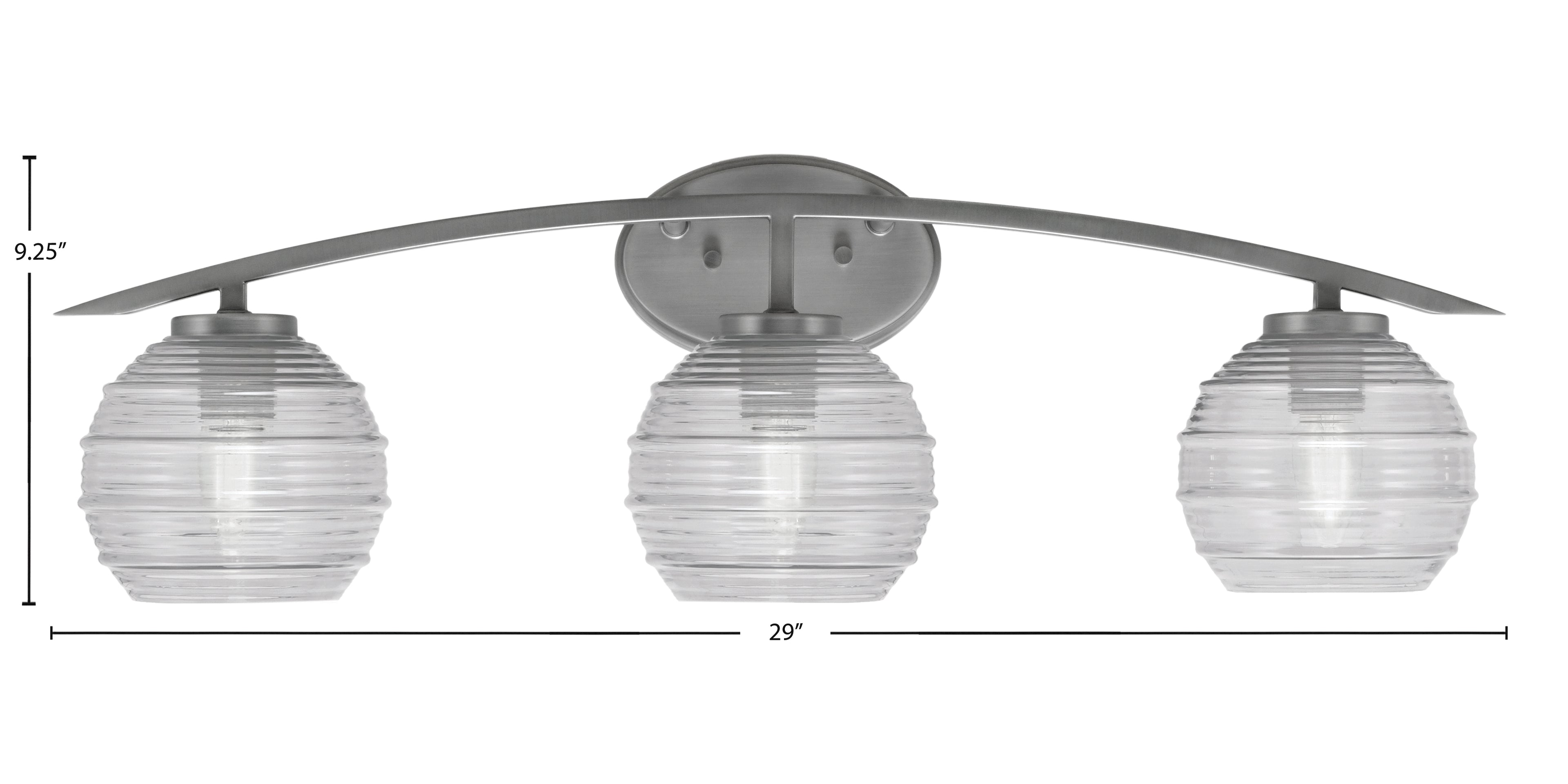 Kurve Three Light Bath Bar in Graphite with 6" Clear Ribbed Shade