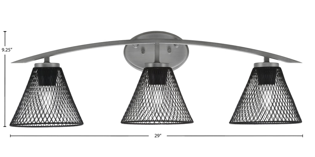Kurve Three Light Bath Bar in Graphite with 7" Matte Black Cone Mesh Metal Shade Shade