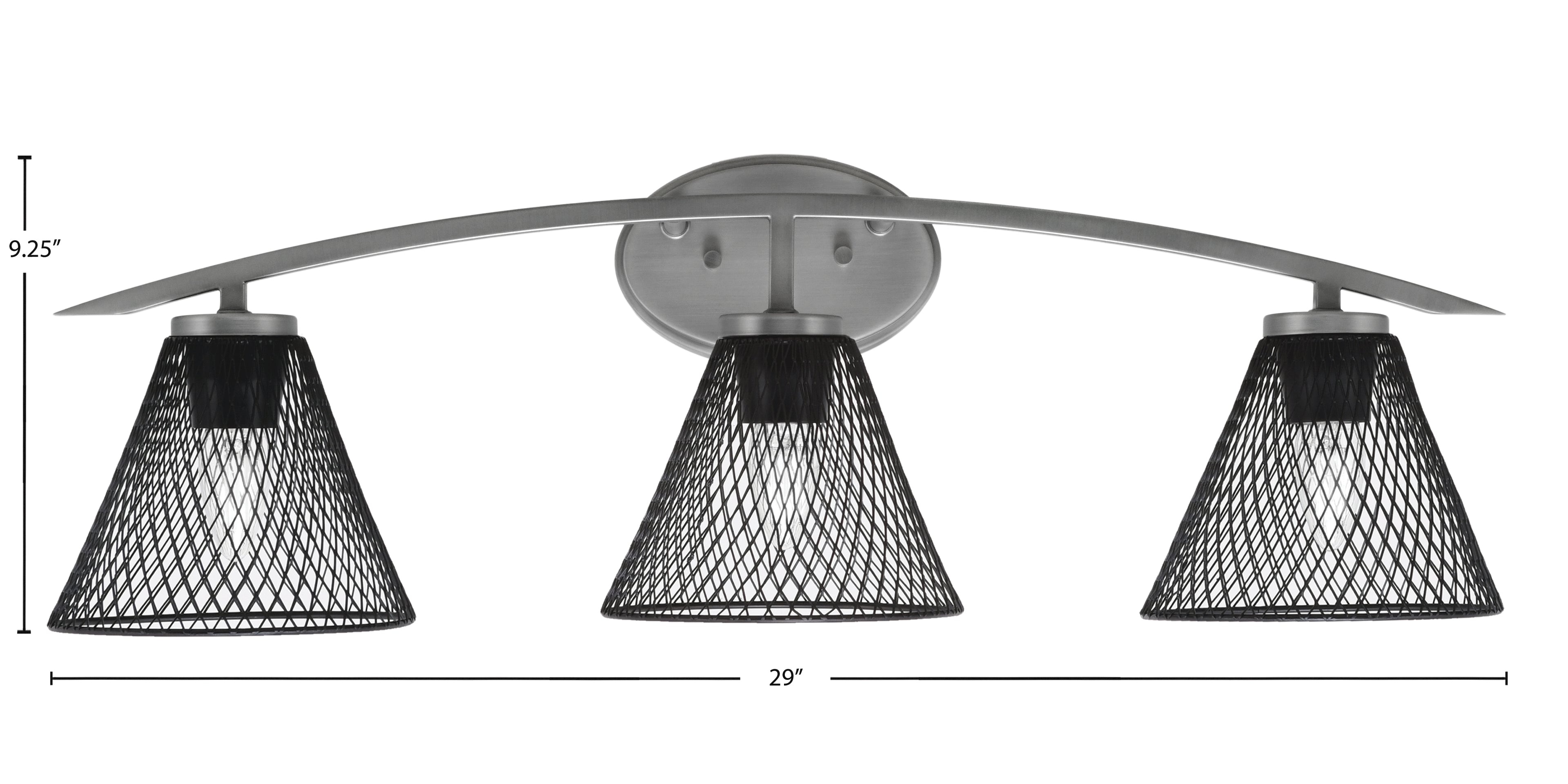 Kurve Three Light Bath Bar in Graphite with 7" Matte Black Cone Mesh Metal Shade Shade
