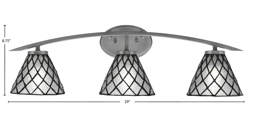 Kurve Three Light Bath Bar in Graphite with 7" Diamond Ice Art Glass Shade