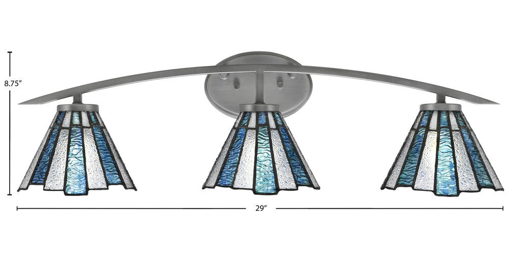 Kurve Three Light Bath Bar in Graphite with 7" Sea Ice Art Glass Shade