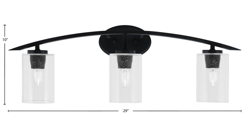 Kurve Three Light Bath Bar in Matte Black with 4" Clear Bubble Shade
