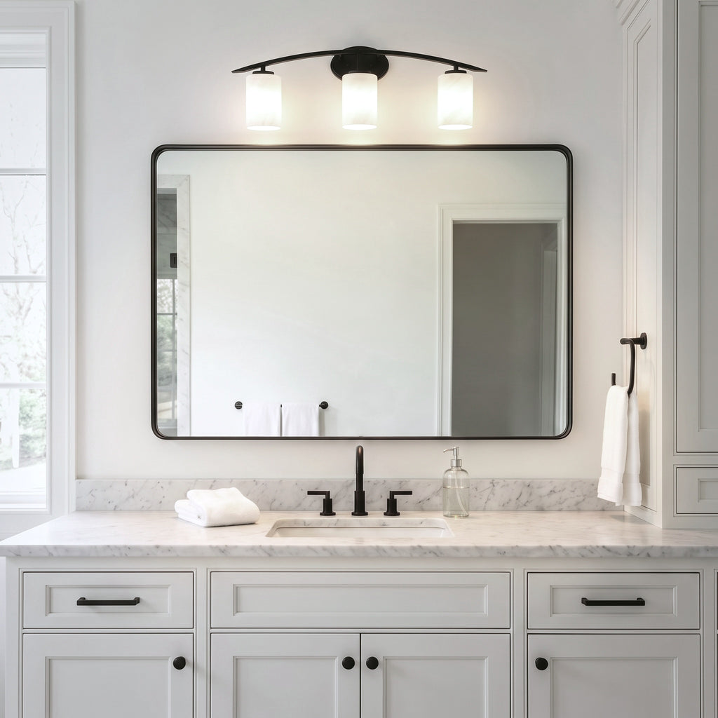 Kurve Three Light Bath Bar in Matte Black with 4" White Marble Shade