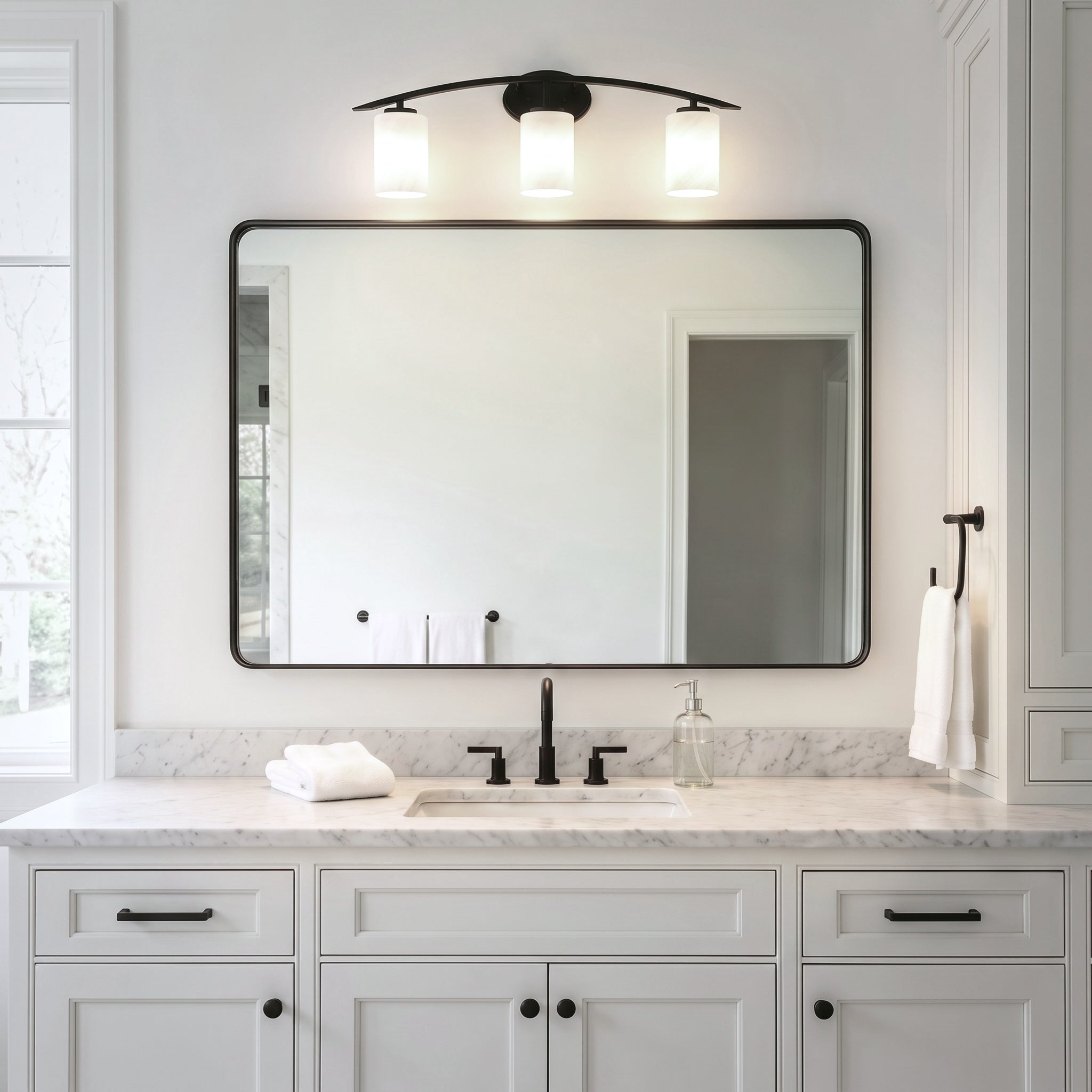 Kurve Three Light Bath Bar in Matte Black with 4" White Marble Shade