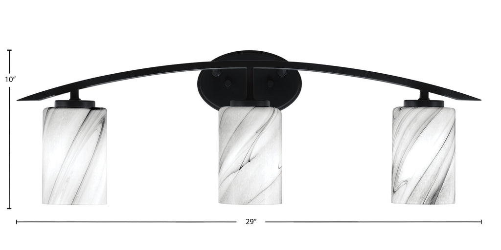 Kurve Three Light Bath Bar in Matte Black with 4" Onyx Swirl Shade
