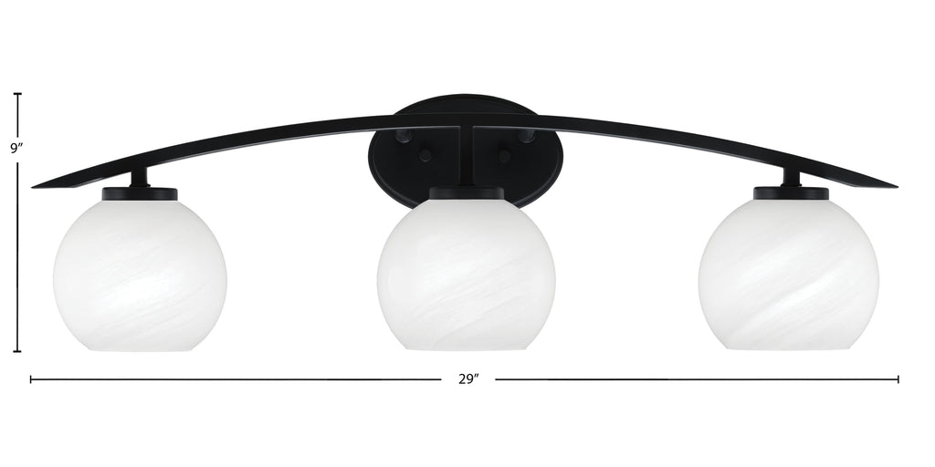 Kurve Three Light Bath Bar in Matte Black with 5.75" White Marble Shade