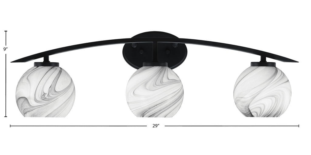 Kurve Three Light Bath Bar in Matte Black with 5.75" Onyx Swirl Shade
