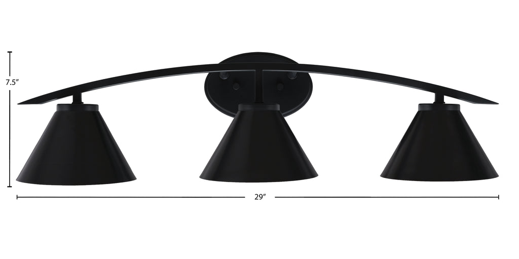 Kurve Three Light Bath Bar in Matte Black with 7" Matte Black Cone Metal Shade Shade