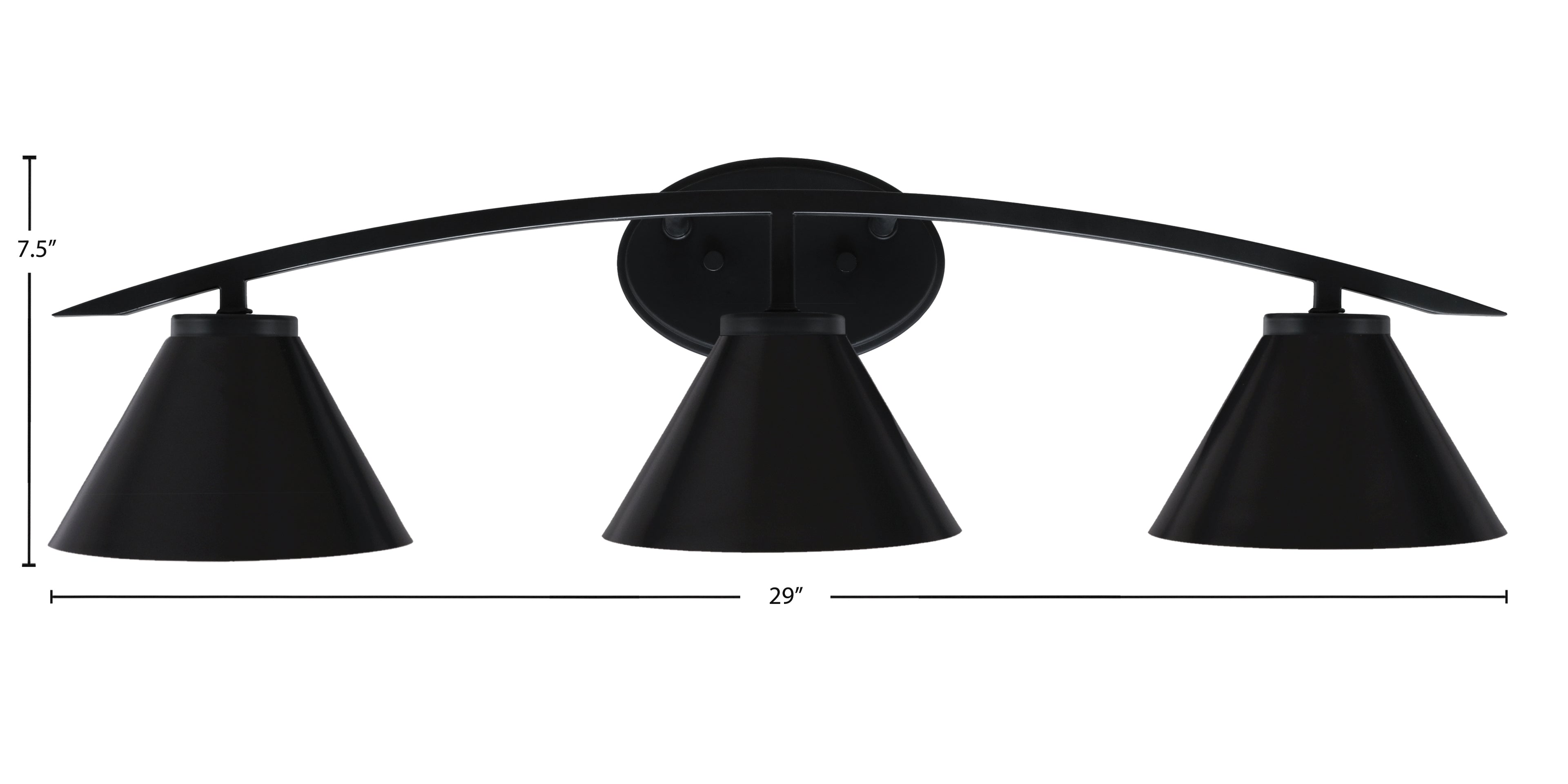 Kurve Three Light Bath Bar in Matte Black with 7" Matte Black Cone Metal Shade Shade