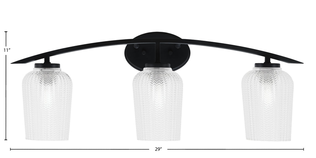 Kurve Three Light Bath Bar in Matte Black with 5" Clear Textured Shade
