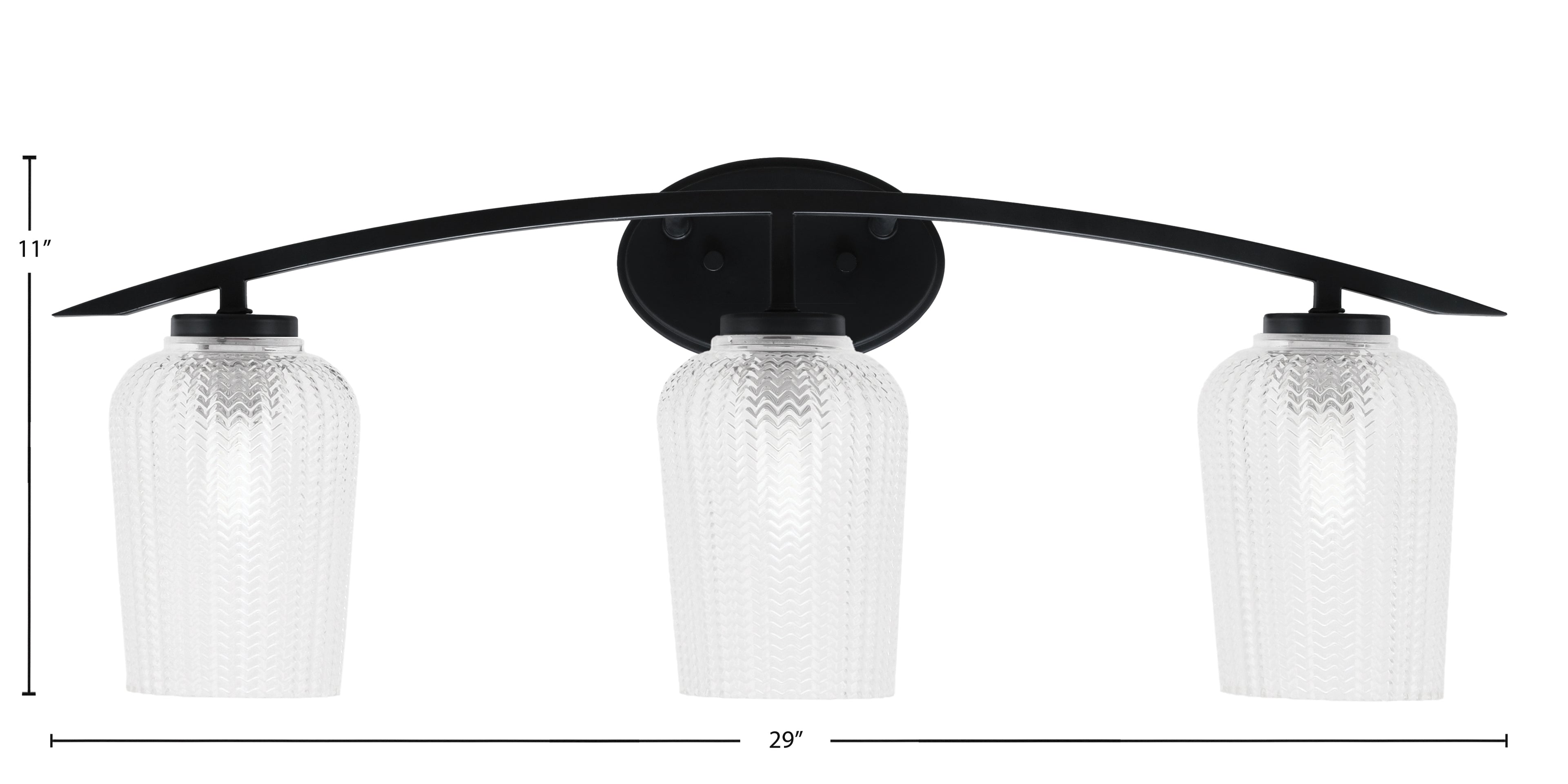 Kurve Three Light Bath Bar in Matte Black with 5" Clear Textured Shade