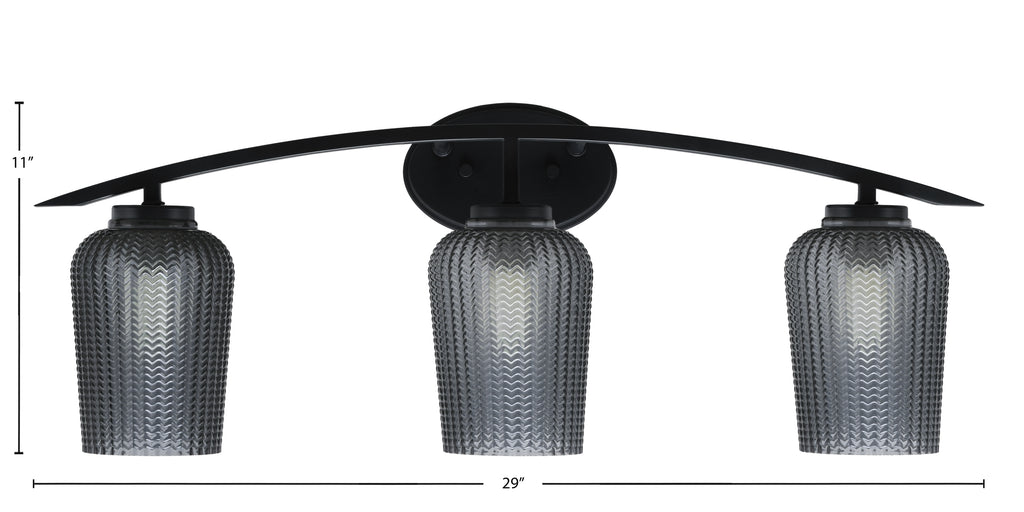 Kurve Three Light Bath Bar in Matte Black with 5" Smoke Textured Shade