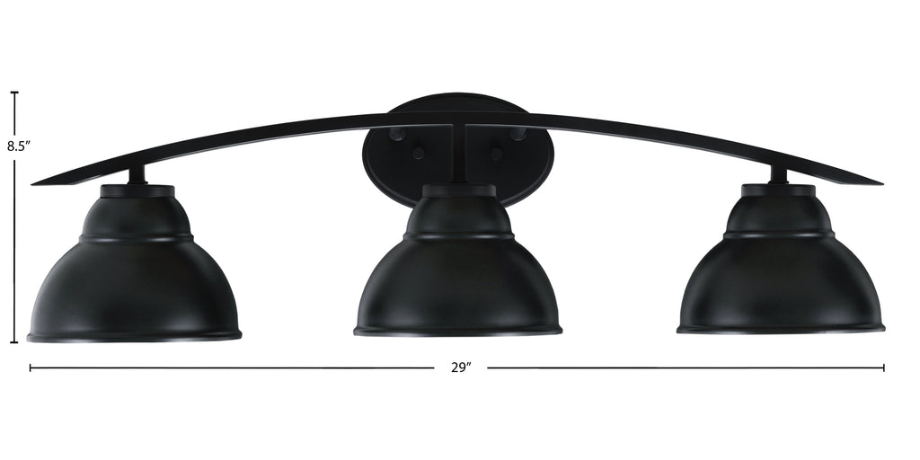 Kurve Three Light Bath Bar in Matte Black with 7" Matte Black Double Bubble Metal Shade Shade