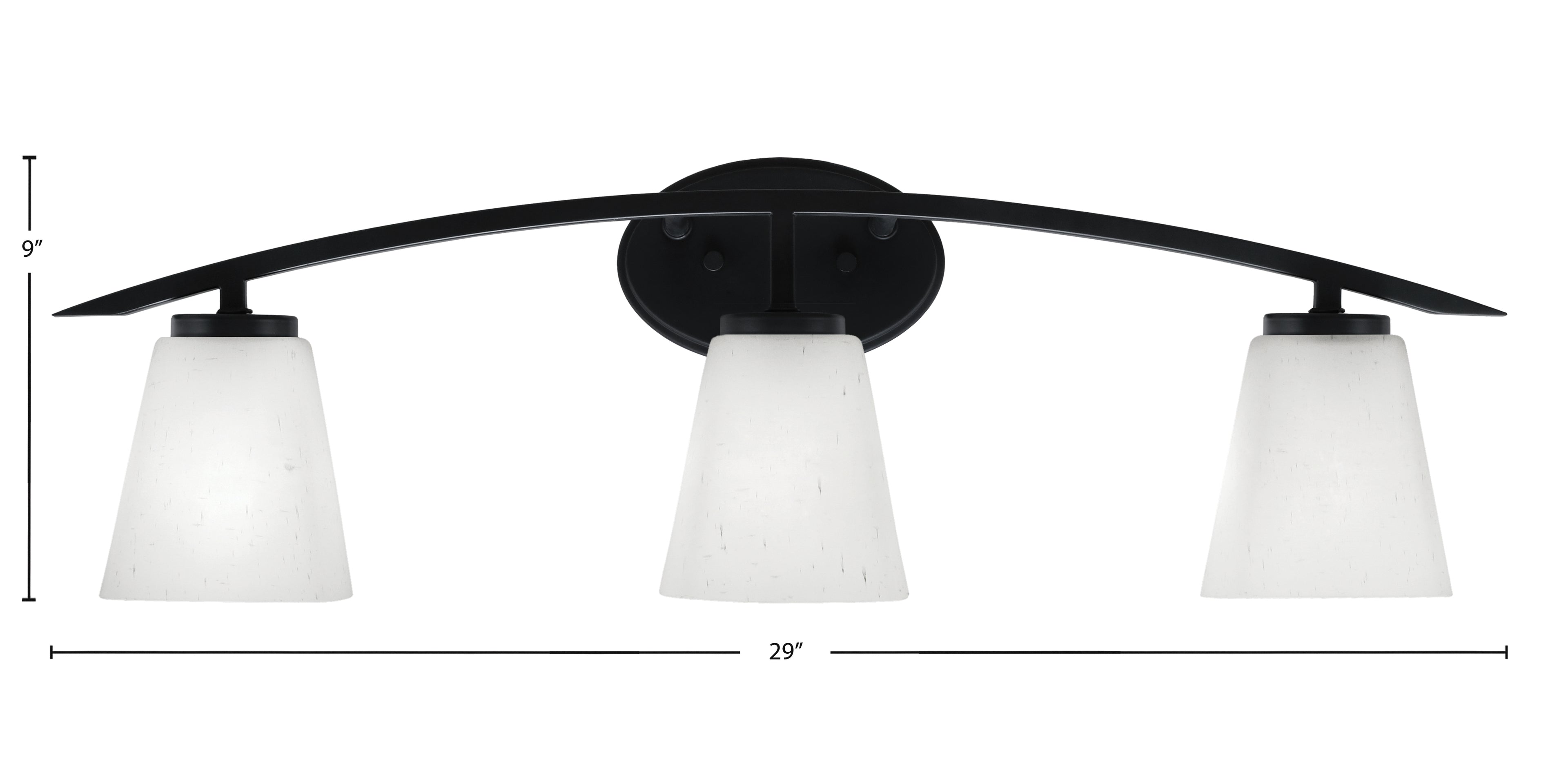 Kurve Three Light Bath Bar in Matte Black with 4.5" Square White Muslin Shade
