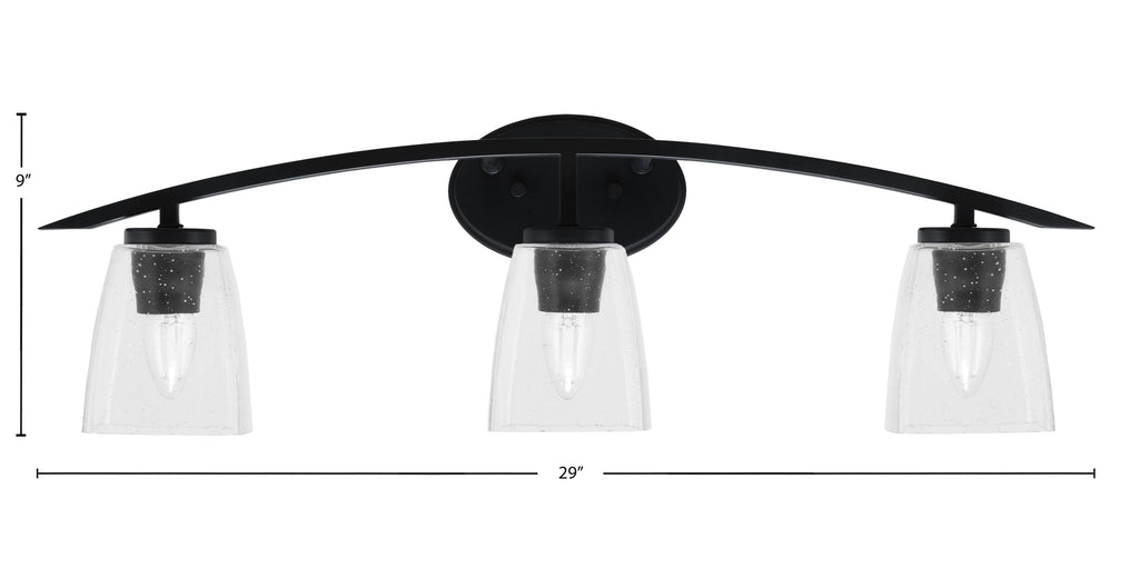 Kurve Three Light Bath Bar in Matte Black with 4.5" Square Clear Bubble Shade