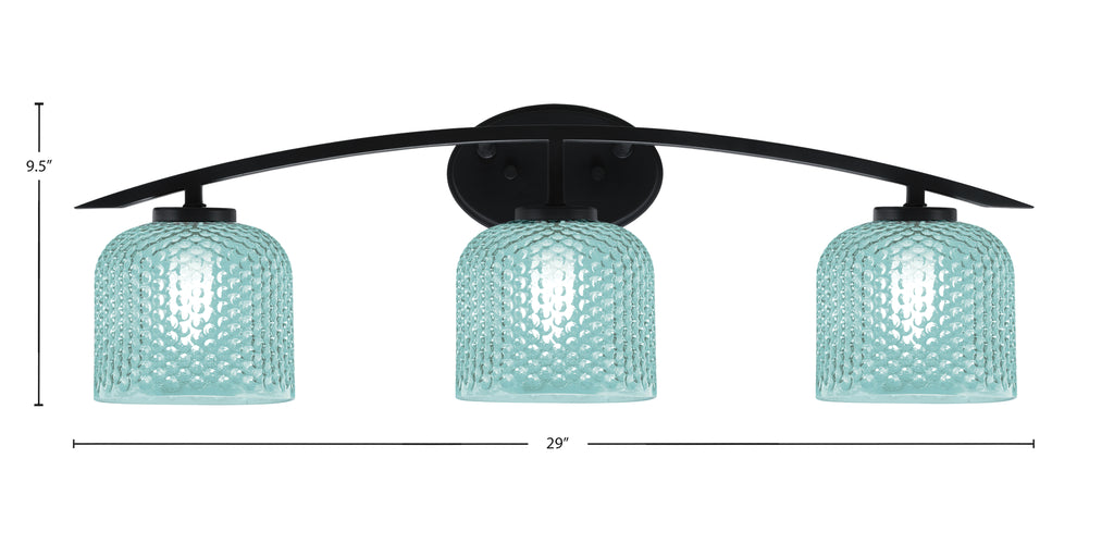 Kurve Three Light Bath Bar in Matte Black with 6" Turquoise Textured Shade