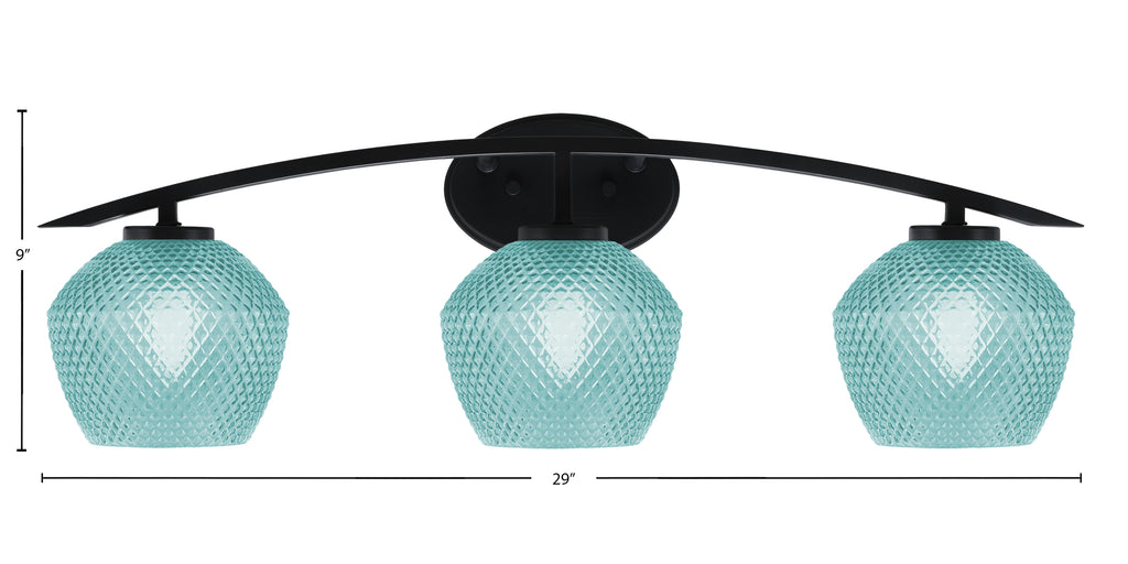 Kurve Three Light Bath Bar in Matte Black with 6" Turquoise Textured Shade