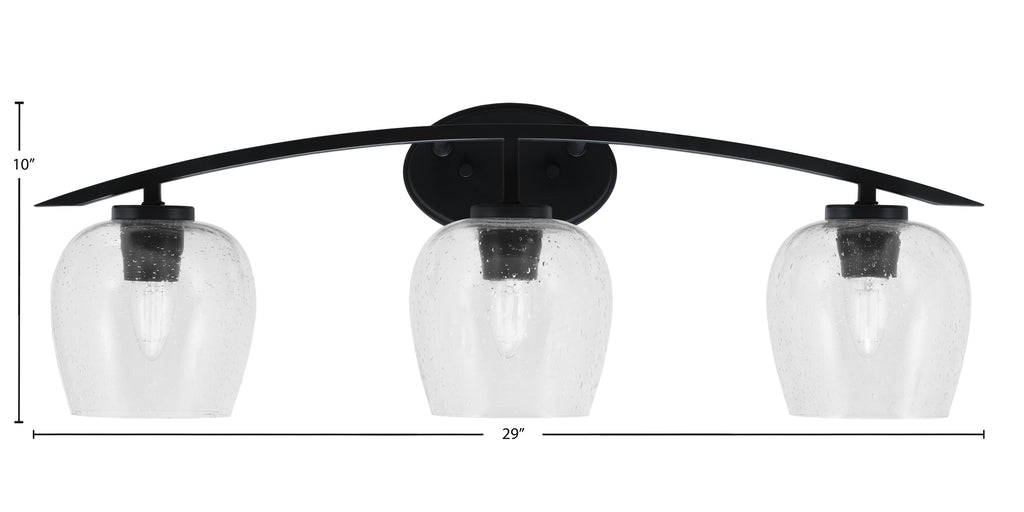 Kurve Three Light Bath Bar in Matte Black with 6" Clear Bubble Shade