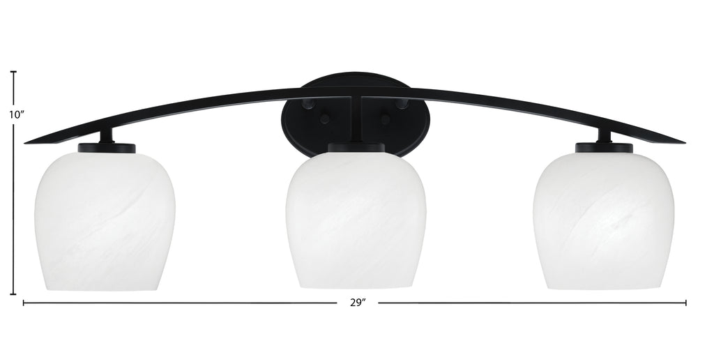Kurve Three Light Bath Bar in Matte Black with 6" White Marble Shade