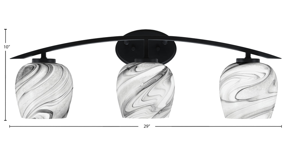 Kurve Three Light Bath Bar in Matte Black with 6" Onyx Swirl Shade