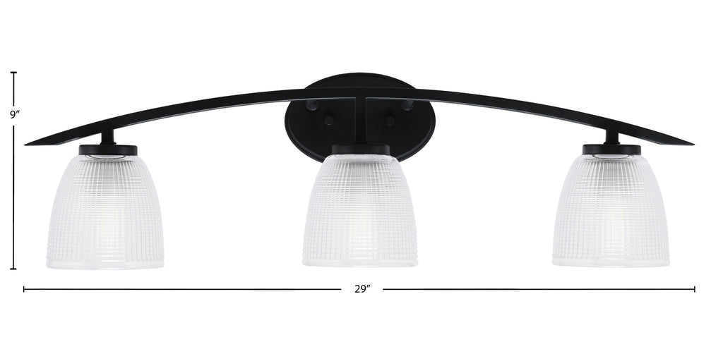 Kurve Three Light Bath Bar in Matte Black with 5" Clear Ribbed Shade