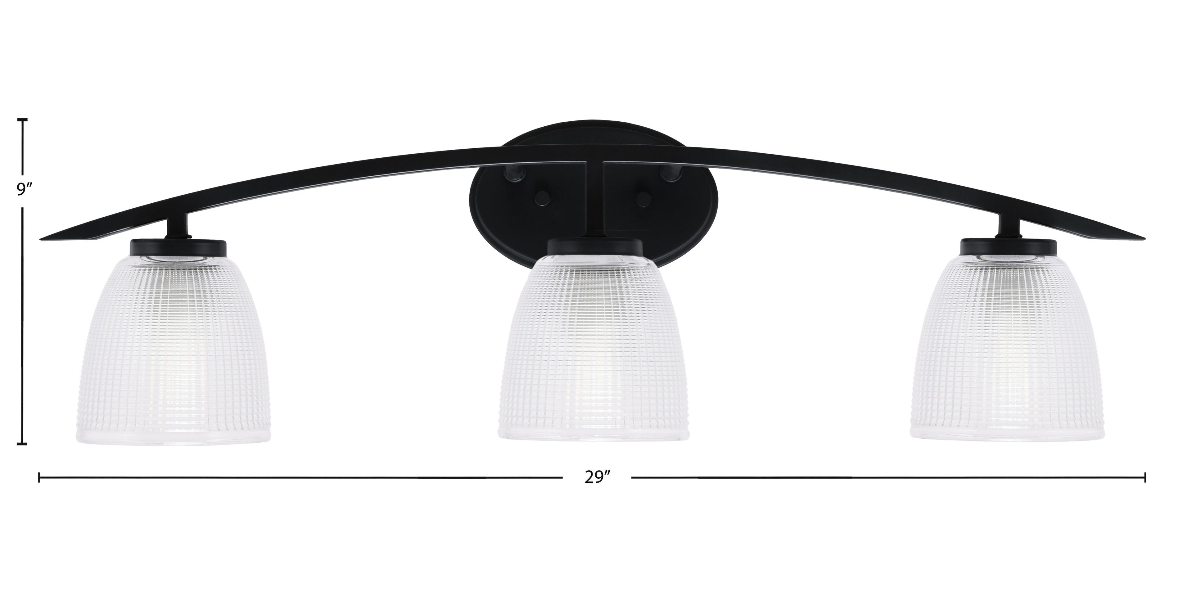 Kurve Three Light Bath Bar in Matte Black with 5" Clear Ribbed Shade